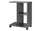 Een grijze, rollende bijzettafel met planken.