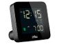 Zwarte digitale wekker met display dat 12:15 AM en alarm 7:00 AM toont