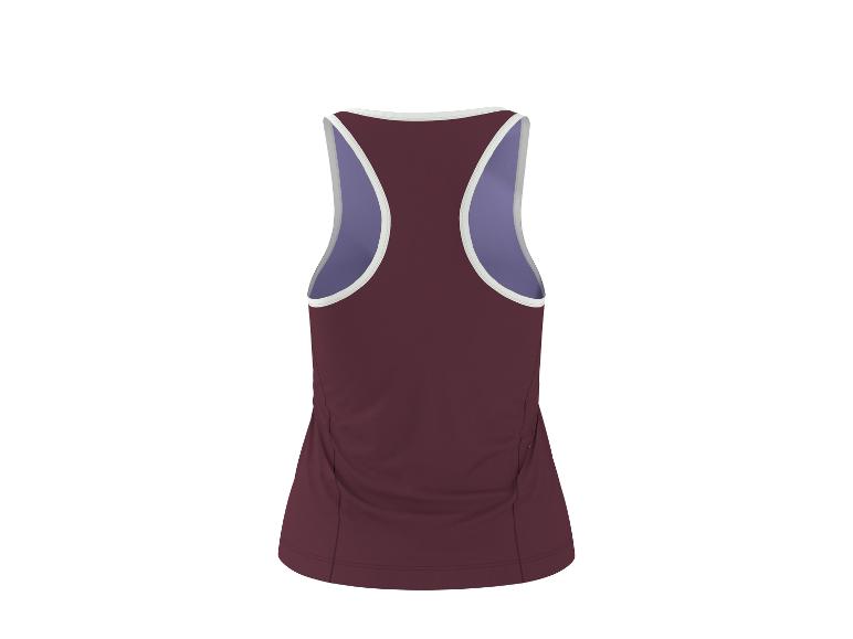 Bordeauxrode dames mouwloze top met paarse voering, achteraanzicht.