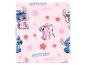 Roze deken met cartoonfiguren, blauwe Stitch en roze Angel, en bloemen.