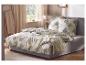 Slaapkamer met grijs bed, wit beddengoed en groene bladpatronen.