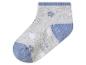 Grijze baby enkelsokken met blauwe en roze bloemen en blauwe details.