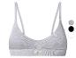 Grijze dames sportbeha met 'LOVE COTTON' label en kleuropties.