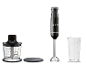 Zwarte staafmixer met accessoires: hakmolen, deksel en maatbeker.