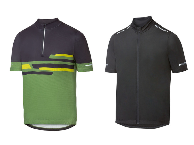 Twee korte mouwen fietsjersey's, een met groene en gele strepen.