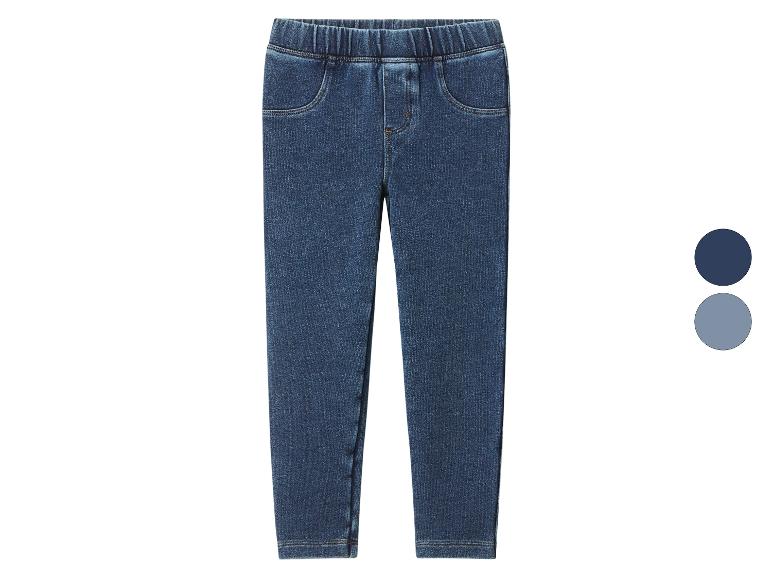 Blauwe denim jeggings met elastische tailleband en twee kleuropties.
