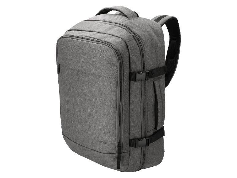 Grijze reisrugzak met gewatteerde schouderbanden en compressiebanden