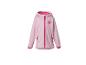 Roze softshelljas voor kinderen met capuchon en de tekst 'GO OUTSIDE AND EXPLORE'