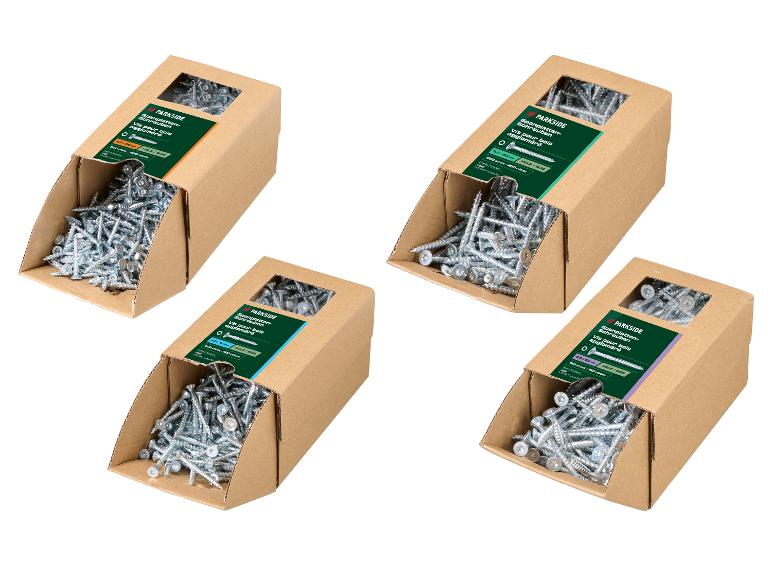 Vier dozen Parkside spaanplaatschroeven in diverse maten, waaronder 4.0x30mm en 5.0x60mm.