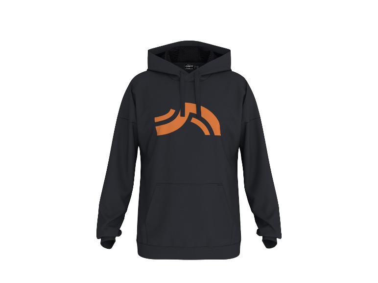 Zwarte hoodie met een oranje abstract logo op de borst