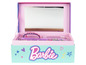 Een roze Barbie doos met een spiegel, haarbanden en een borstel.