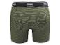 Olijfgroene herenboxershort met fijne zwarte strepen en een zwarte elastische tailleband.
