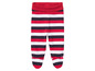 Babybroek met rode, witte en zwarte strepen.