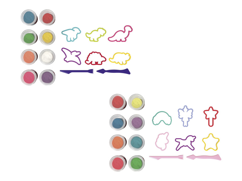 Kleikits met dinosaurussen en eenhoornvormen, inclusief klei en gereedschap.