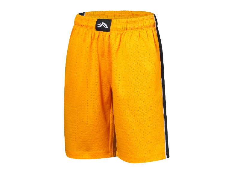 Gele basketbalshorts met zwarte details.