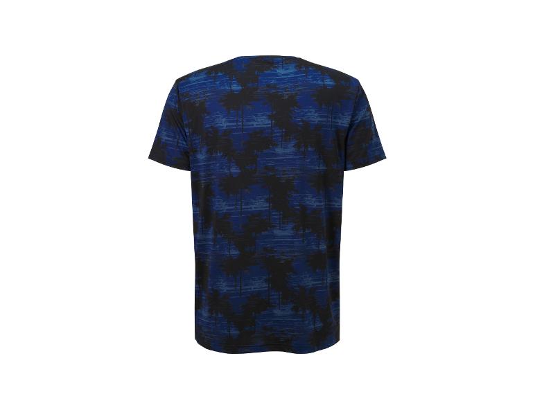 Donkerblauw t-shirt met tropische palmenprint.