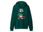 Groene hoodie met kerstthema van een auto die een boom vervoert.
