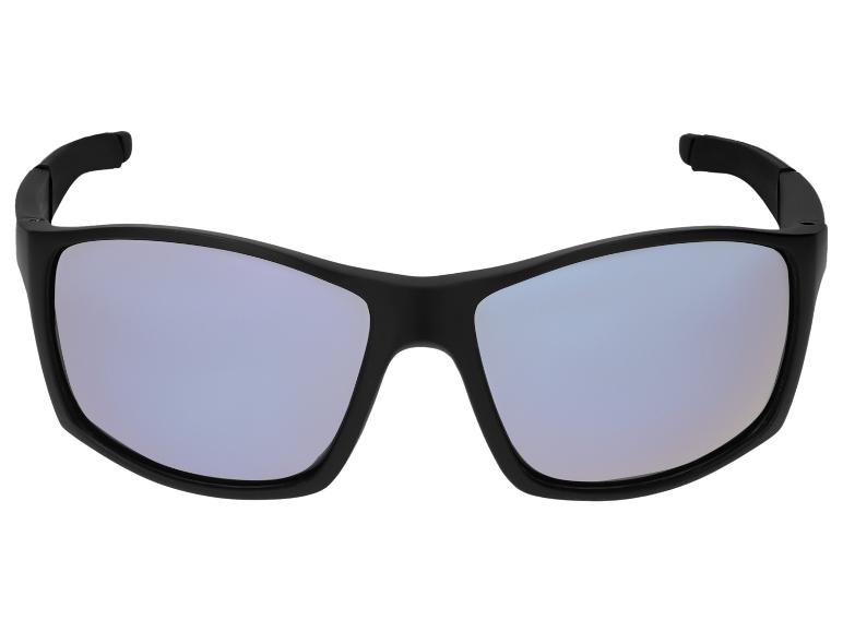 Zwarte sportzonnebril met reflecterende blauwe glazen.