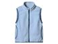 Lichtblauwe fleece bodywarmer met rits en donkergrijze bies, geïsoleerd op wit.