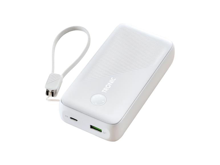 Witte powerbank met polsbandje en USB-poorten, met opschrift