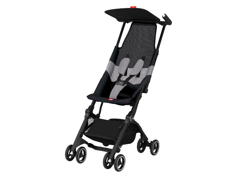 Zwarte en grijze kinderwagen op een witte achtergrond