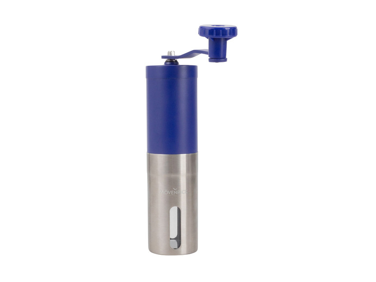 Een blauwe handmatige koffiemolen van Mövenpick.
