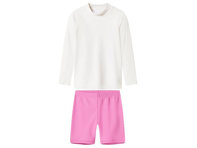 Kinderzwemset: wit shirt met lange mouwen en roze korte broek
