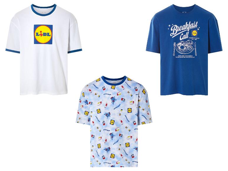 Lidl T-shirts: logo, ontbijt en boodschappen designs.