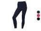 Dames sportlegging in marineblauw, met rode en zwarte kleuropties.