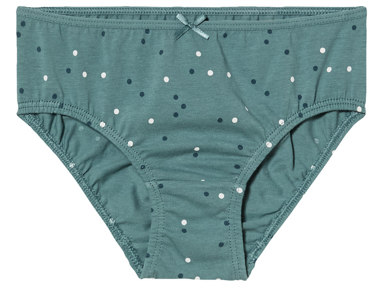 Een paar groene onderbroeken met witte en blauwe stippen.