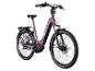 Paarse elektrische fiets met bagagedrager en zwarte banden.