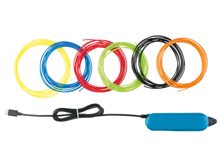 Blauwe 3D-pen met USB-kabel en gekleurde filamenten (geel, blauw, rood, groen, zwart, oranje).