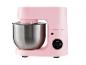 Roze keukenmachine met een roestvrijstalen kom en een digitaal display met 'Turbo' en '01:59'