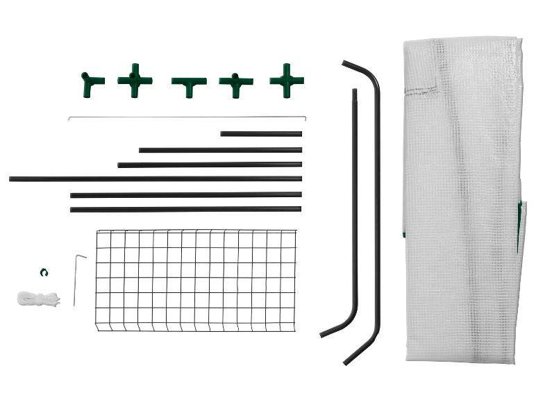 Onderdelen van een tuinkas, inclusief frame, connectoren, hoes en accessoires.