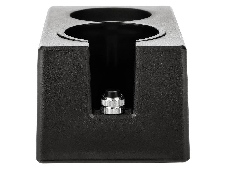 Zwart dubbel oplaadstation met zilveren connectoren.