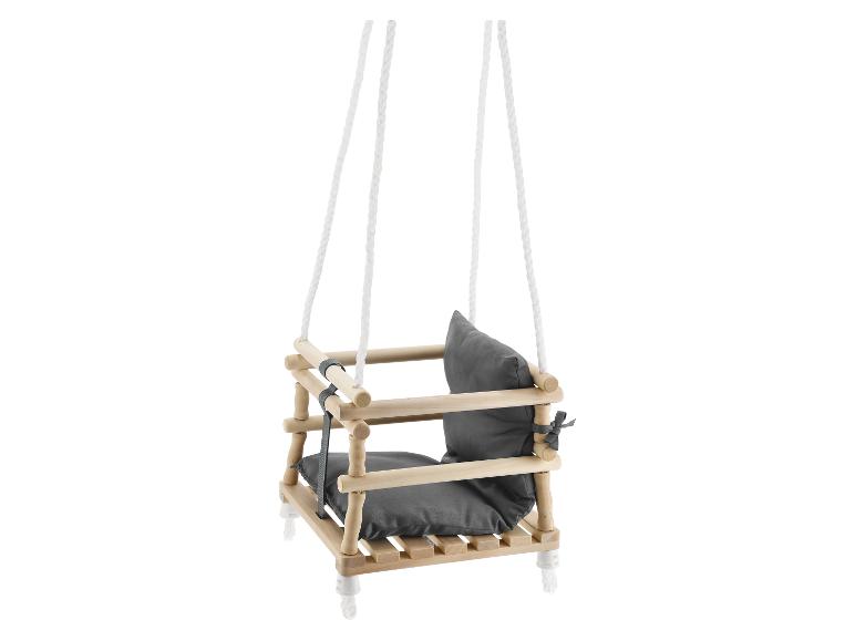 Houten babyschommel met grijs zacht zitkussen