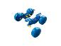 Blauw LEGO-voertuig met wielen, in elkaar gezet.