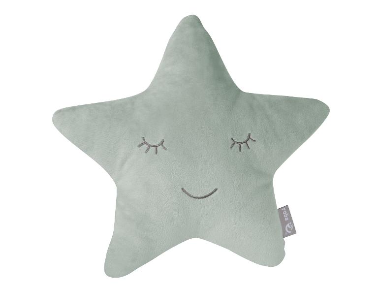 Groen stervormig pluche kussen met geborduurde slaperige ogen en een glimlach