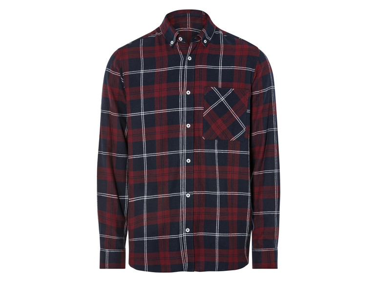 Een rood-blauw geruit overhemd met lange mouwen.