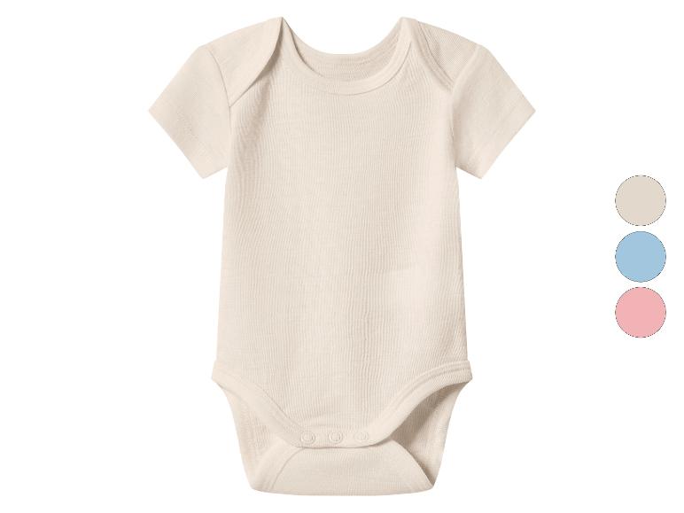 Korte mouwen baby romper in beige, met drie kleuropties.