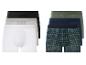 Een set van zes boxershorts, waaronder een met een ruitpatroon.