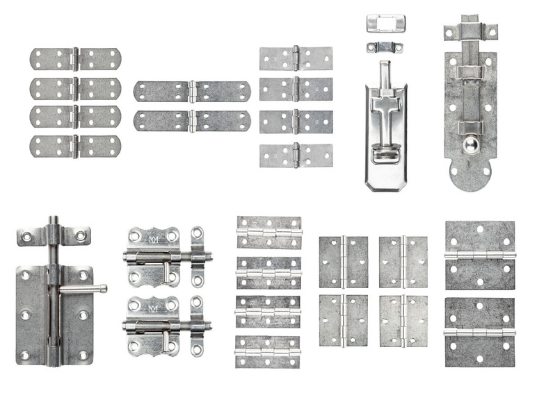 Diverse scharnieren, deurgrepen en sluitingen voor deuren.