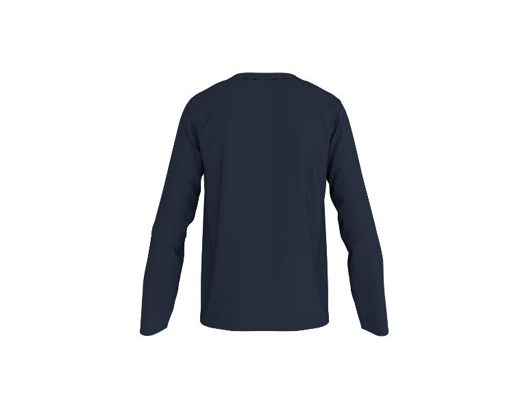 Donkerblauw shirt met lange mouwen op een witte achtergrond, achteraanzicht.