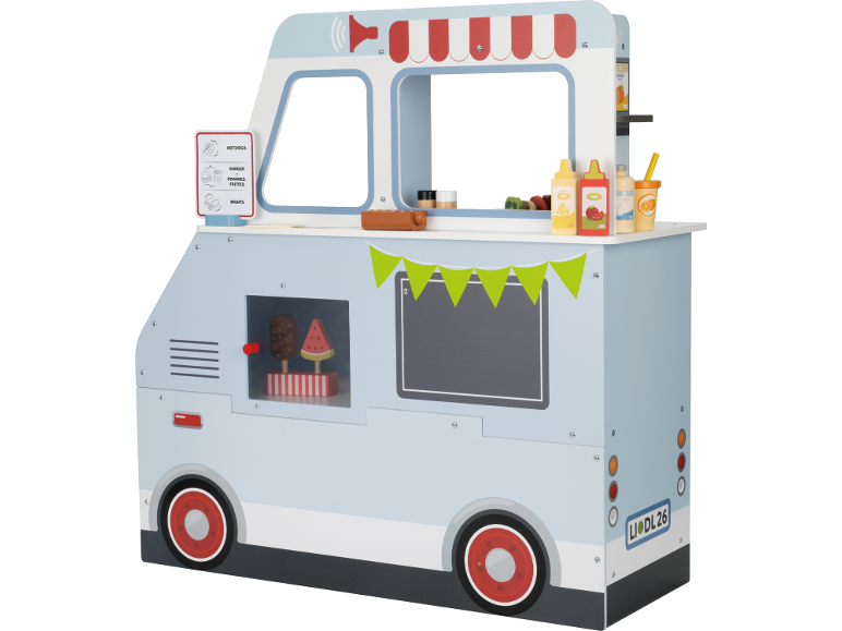 Houten speelgoed foodtruck voor kinderen met accessoires.
