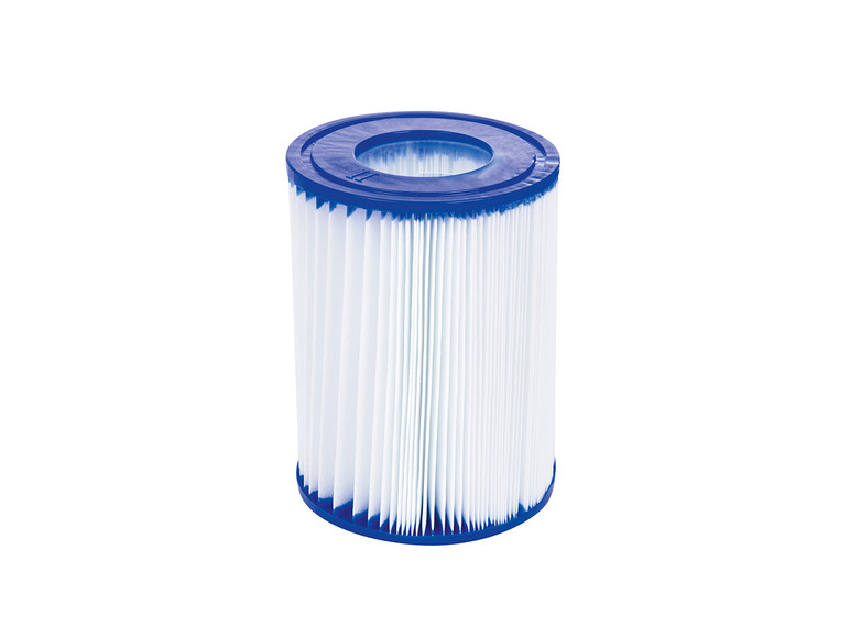 Een blauw en wit zwembadfilter.