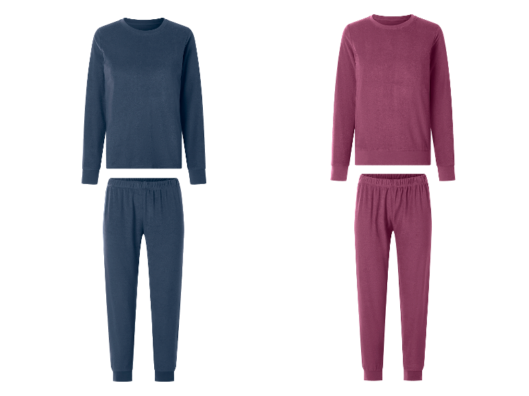 ESMARA® dames lange badstof pyjama in blauw en bordeaux.