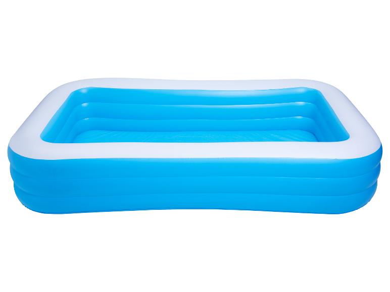 Blauw-wit opblaasbaar rechthoekig zwembad voor kinderen.