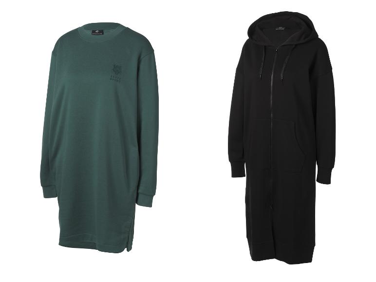 Jette Sport lange mouwen sweatshirtjurk in donkergroen en zwart lang vest met capuchon.