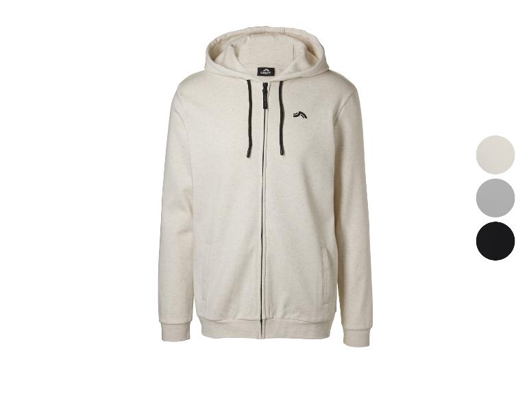 Herenhoodie met rits in beige, met drie kleurstalen ernaast.