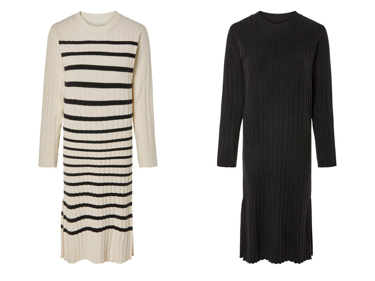 Twee gebreide jurken: een gestreepte en een effen zwarte.